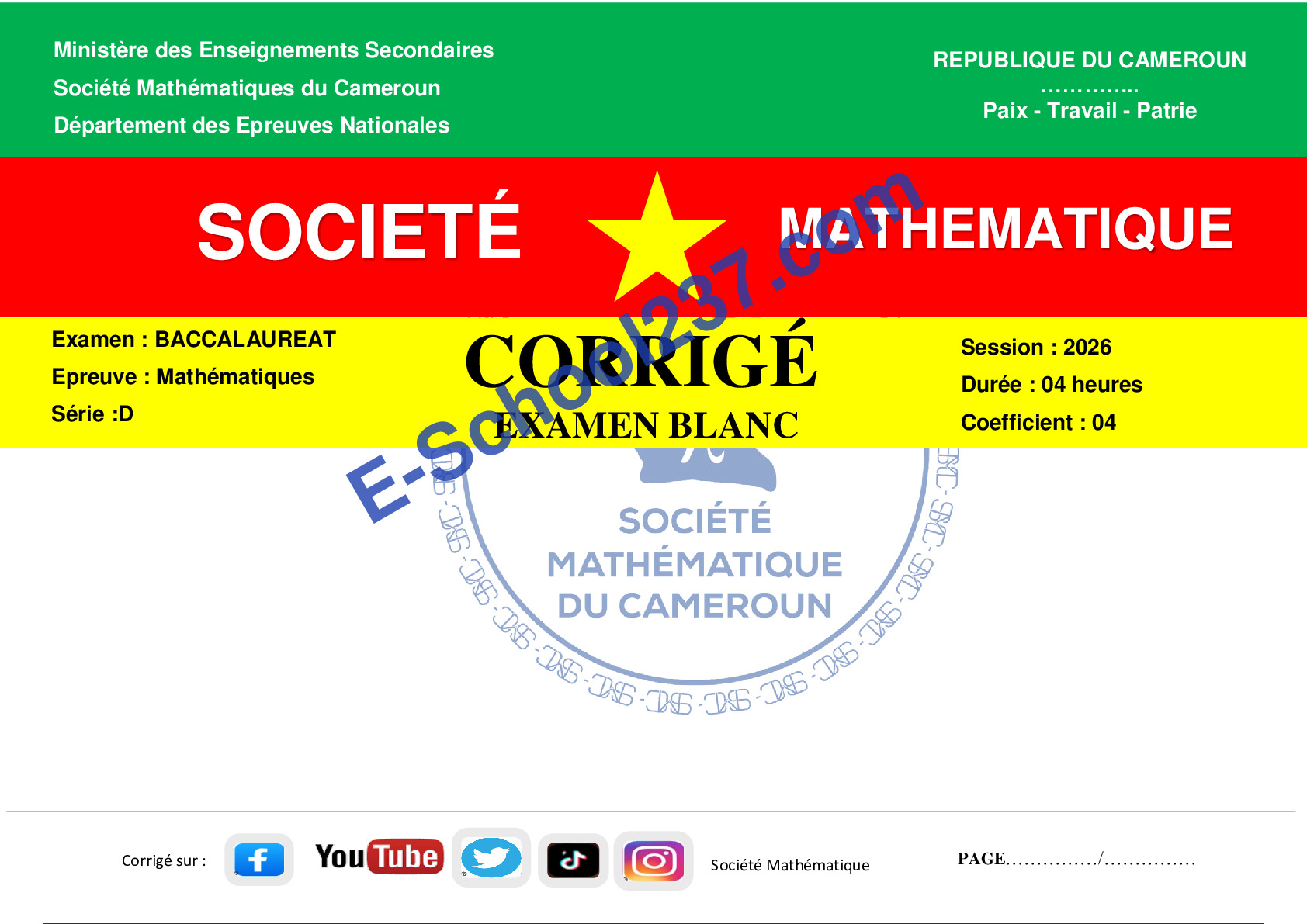 CORRIGE BACC D 2026 STE MATHEMATIQUES DU CAMEROUN maths